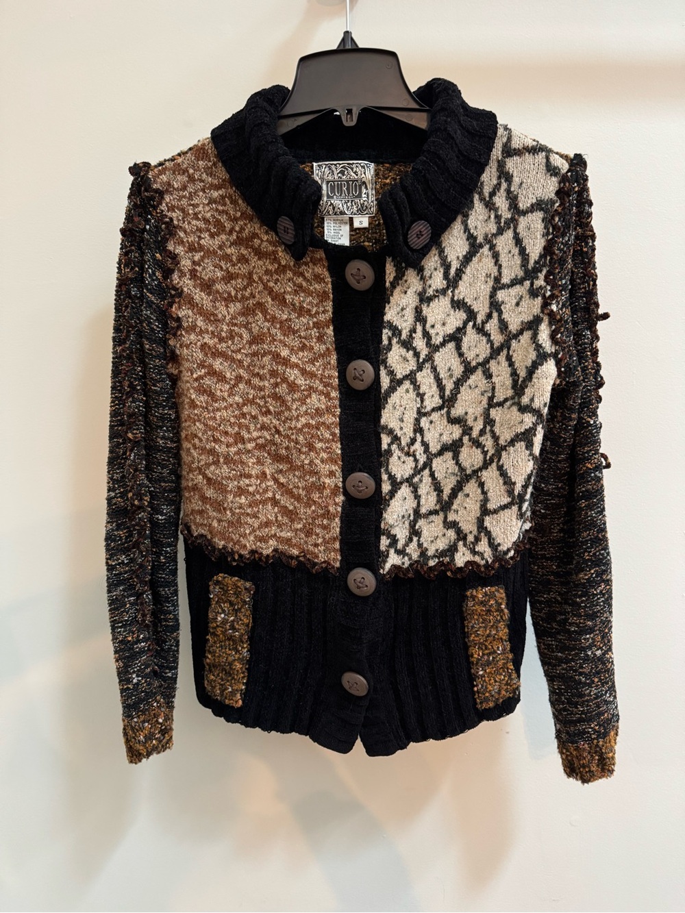 Vintage Curio Mixed Texture Patchwork Button Up Sweater Jacket